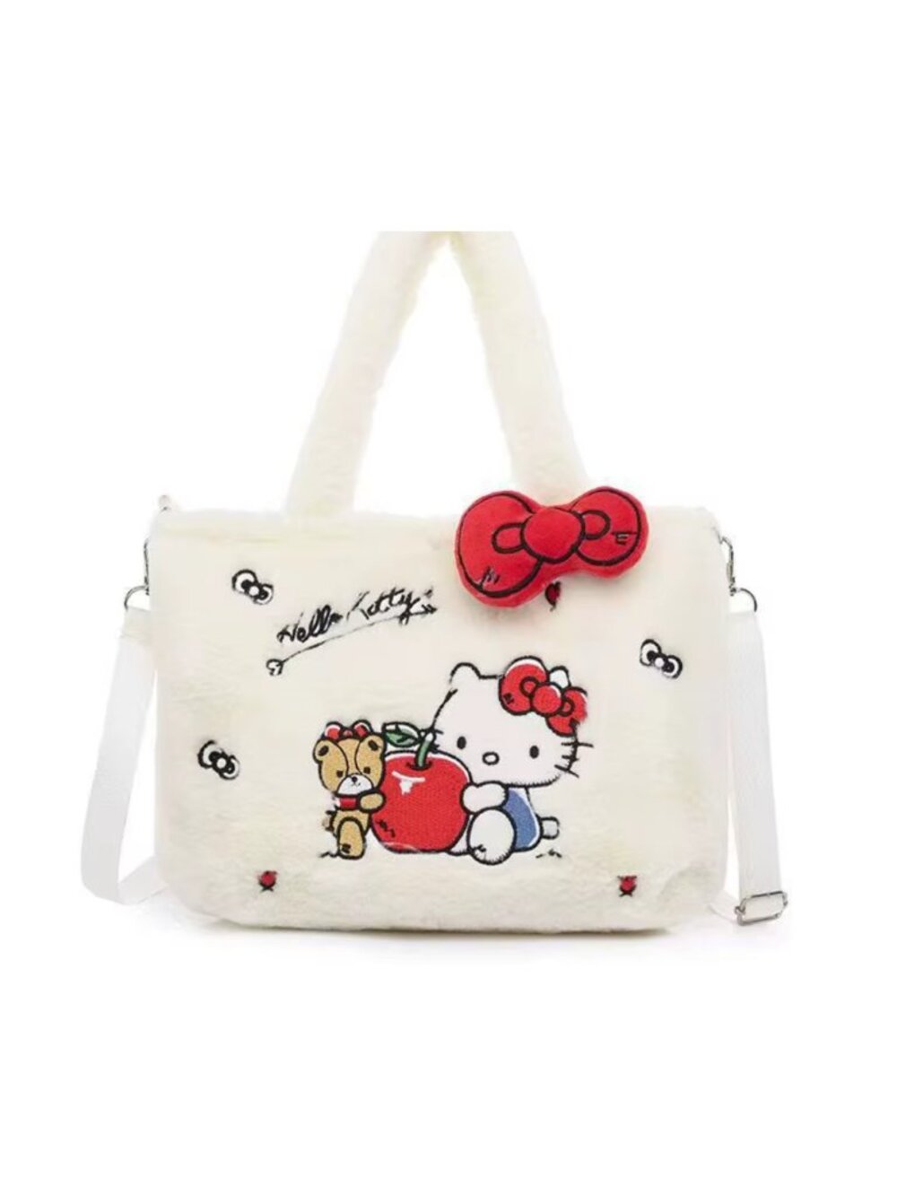 Plush Hello Kitty Shoulder Bag — Soft Fuzzy Crossbody Handbag Bow Tote Purse